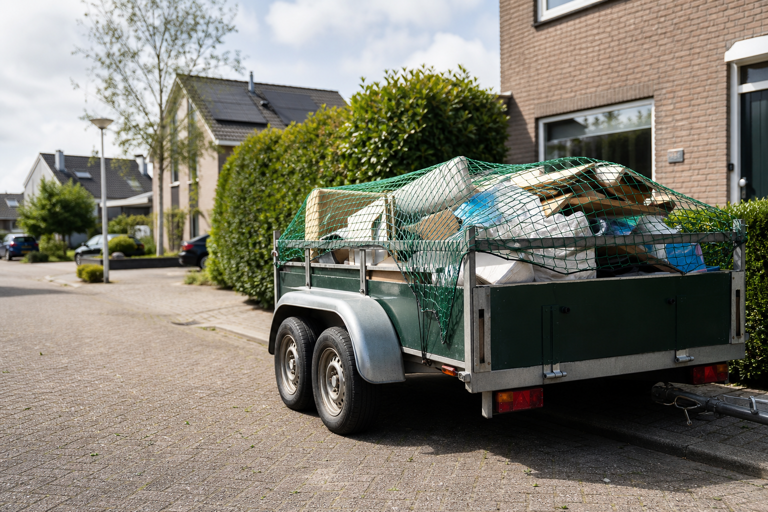 Aanhanger met veilig geladen grofvuil onder een groen net