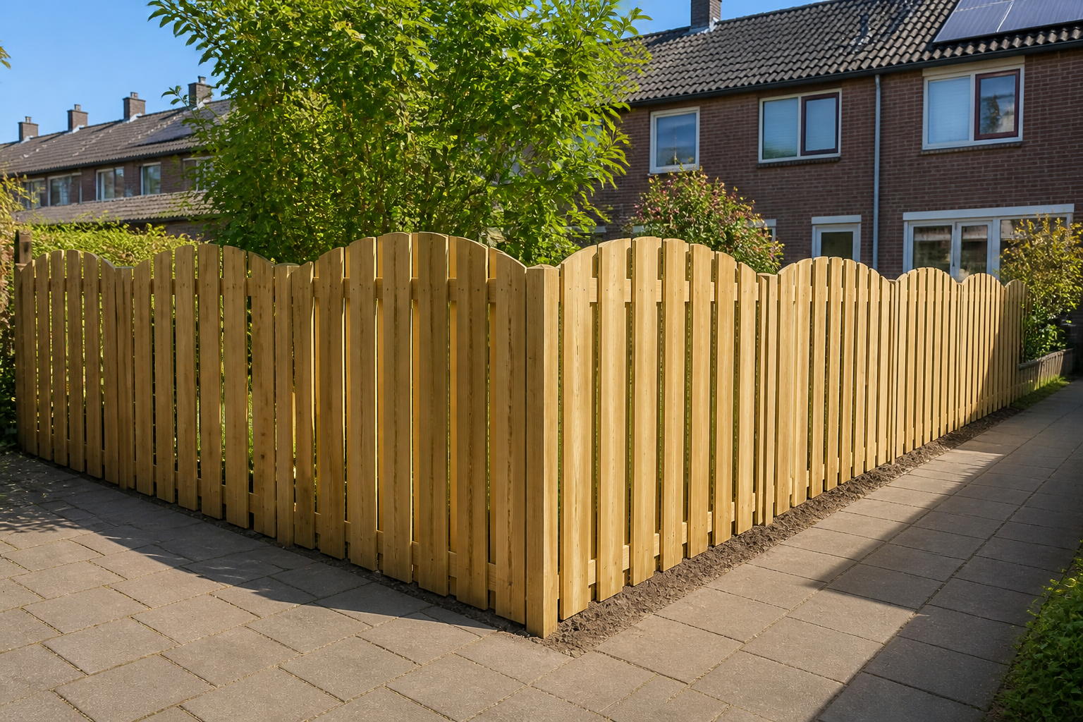 Nieuwe houten schutting met stevige betonnen palen